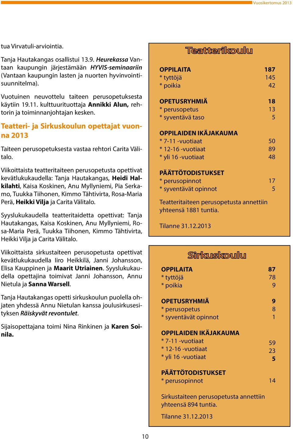 Teatteri- ja Sirkuskoulun opettajat vuonna 2013 Taiteen perusopetuksesta vastaa rehtori Carita Välitalo.