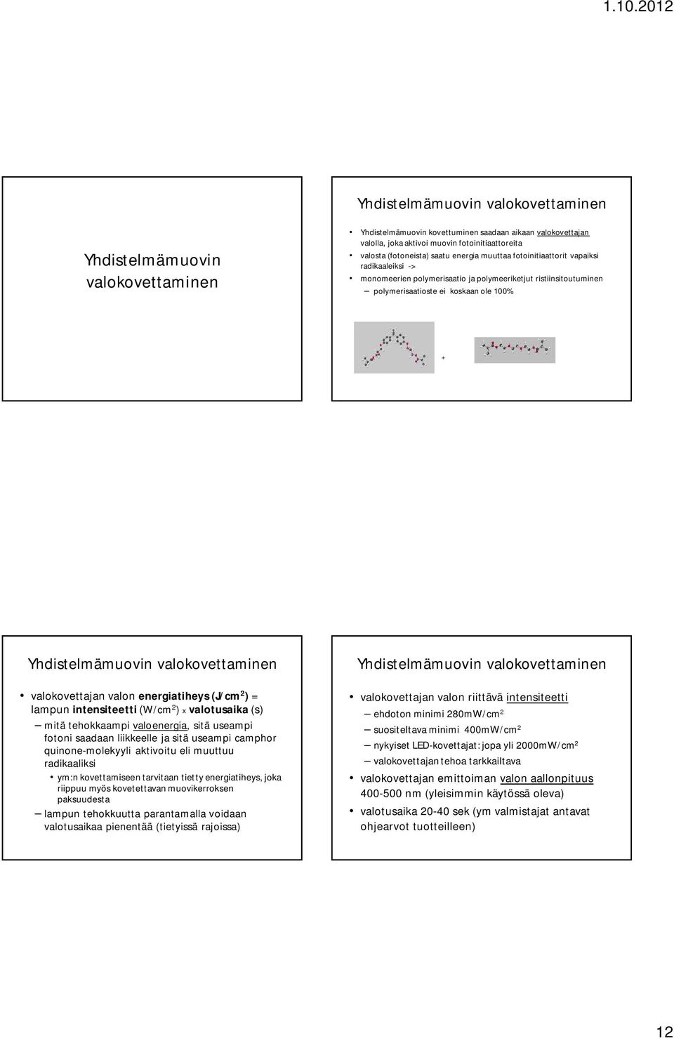 valokovettaminen valokovettajan valon energiatiheys (J/cm 2 ) = lampun intensiteetti (W/cm 2 ) x valotusaika (s) mitä tehokkaampi valoenergia, sitä useampi fotoni saadaan liikkeelle ja sitä useampi