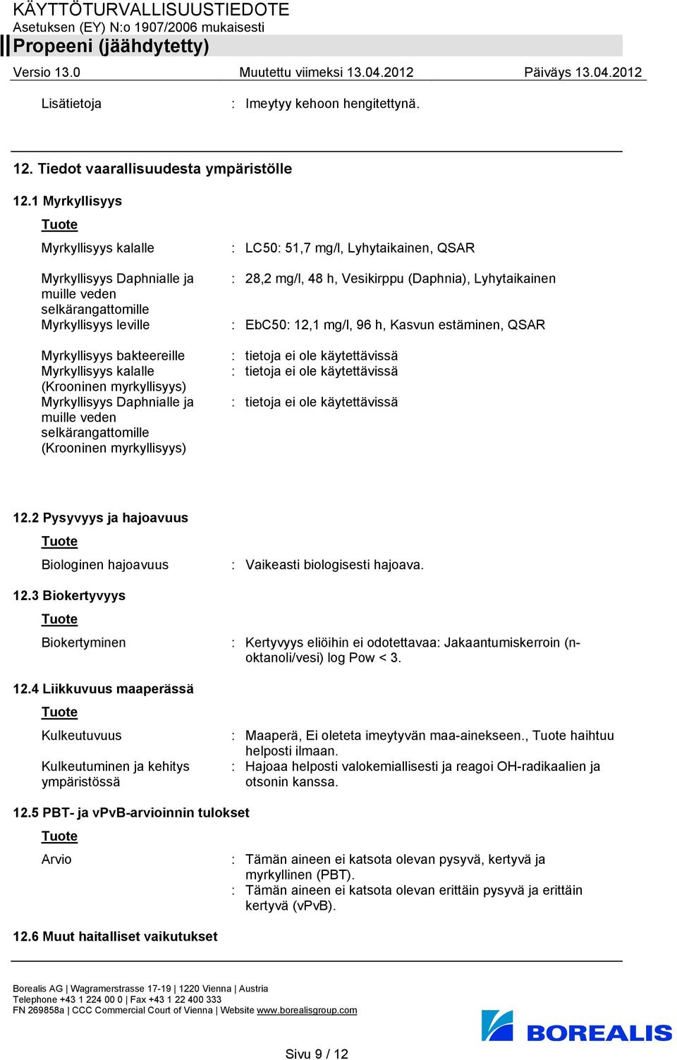 Myrkyllisyys Daphnialle ja muille veden selkärangattomille (Krooninen myrkyllisyys) : LC50: 51,7 mg/l, Lyhytaikainen, QSAR : 28,2 mg/l, 48 h, Vesikirppu (Daphnia), Lyhytaikainen : EbC50: 12,1 mg/l,