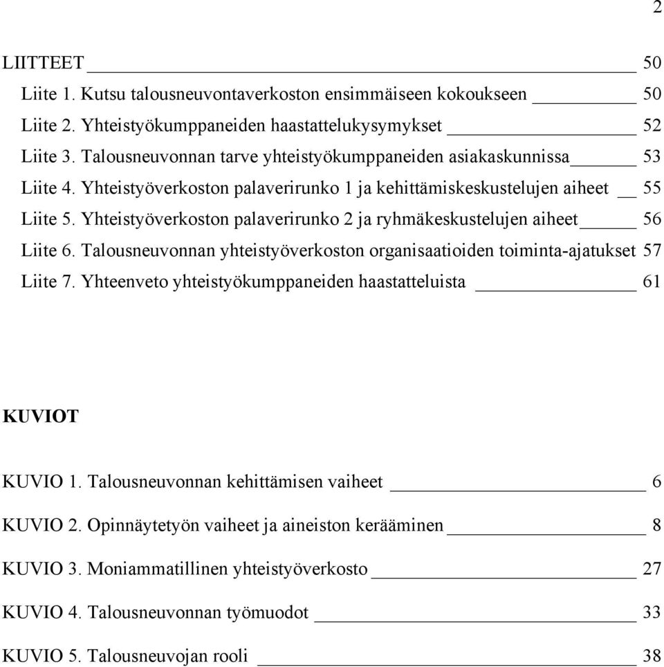 Yhteistyöverkoston palaverirunko 2 ja ryhmäkeskustelujen aiheet 56 Liite 6. Talousneuvonnan yhteistyöverkoston organisaatioiden toiminta-ajatukset 57 Liite 7.