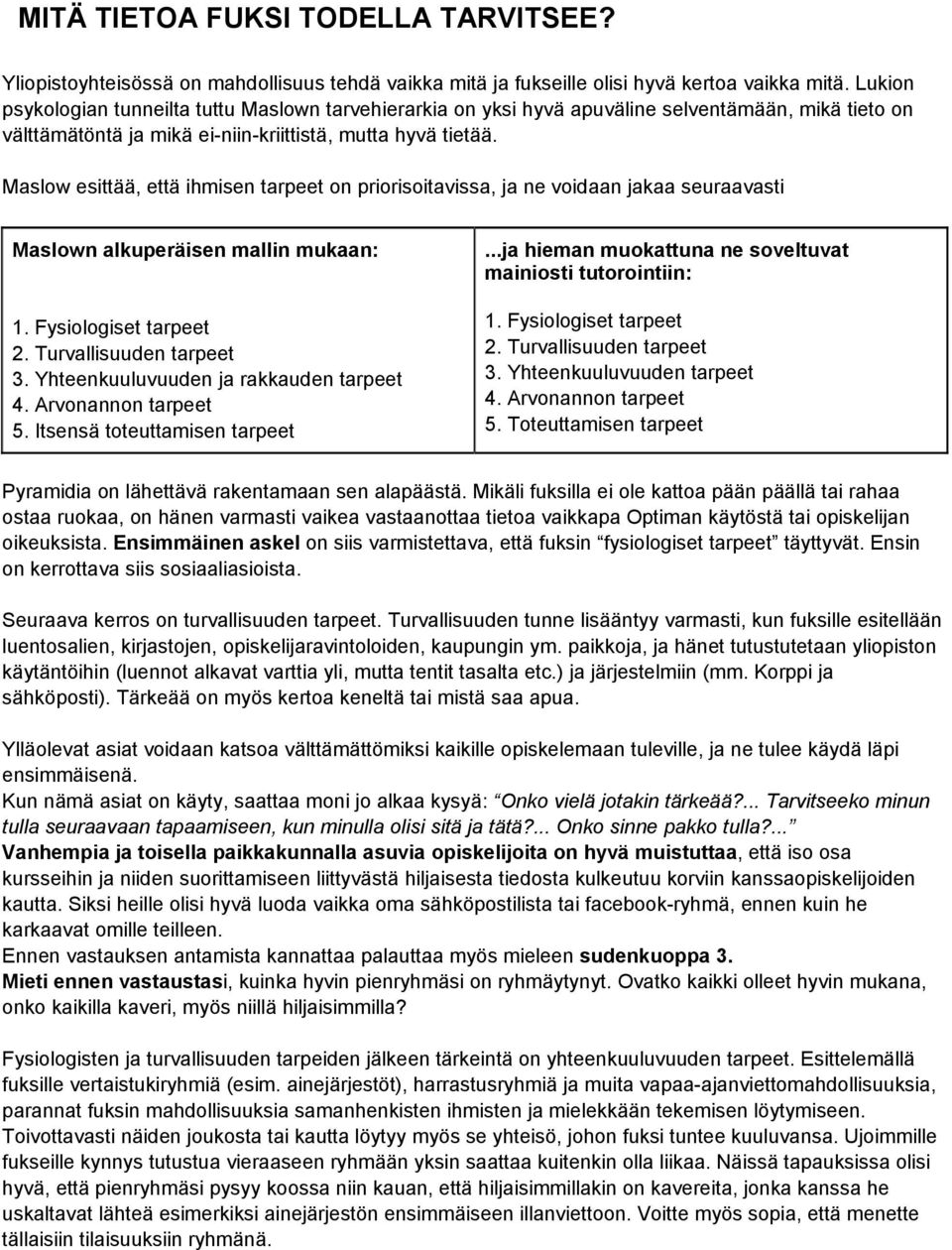 Maslow esittää, että ihmisen tarpeet on priorisoitavissa, ja ne voidaan jakaa seuraavasti Maslown alkuperäisen mallin mukaan:...ja hieman muokattuna ne soveltuvat mainiosti tutorointiin: 1.