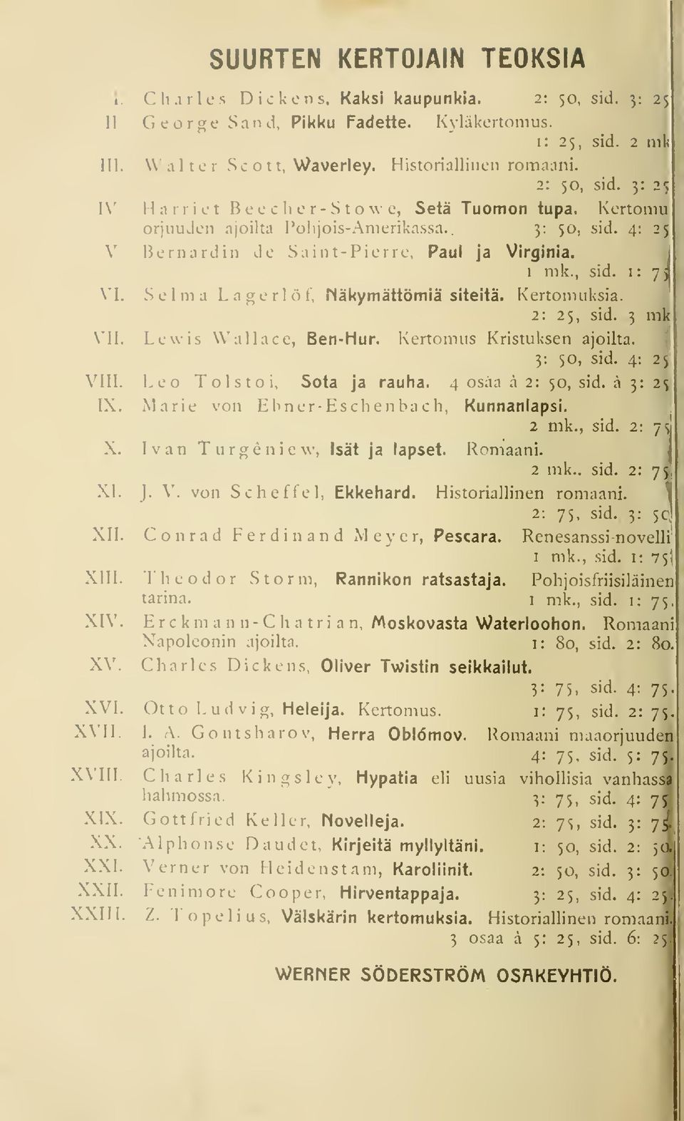 I V 1 mk., sid. i: 71 VI. Selma Lagerlöf, näkymättömiä siteitä. Kertomuksia. 2: 25, sid. 3 mk VII. Levvis Wallace, Ben-Hur. Kertomus Kristuksen ajoilta. 3: 50, sid. 4: 25 VIII.