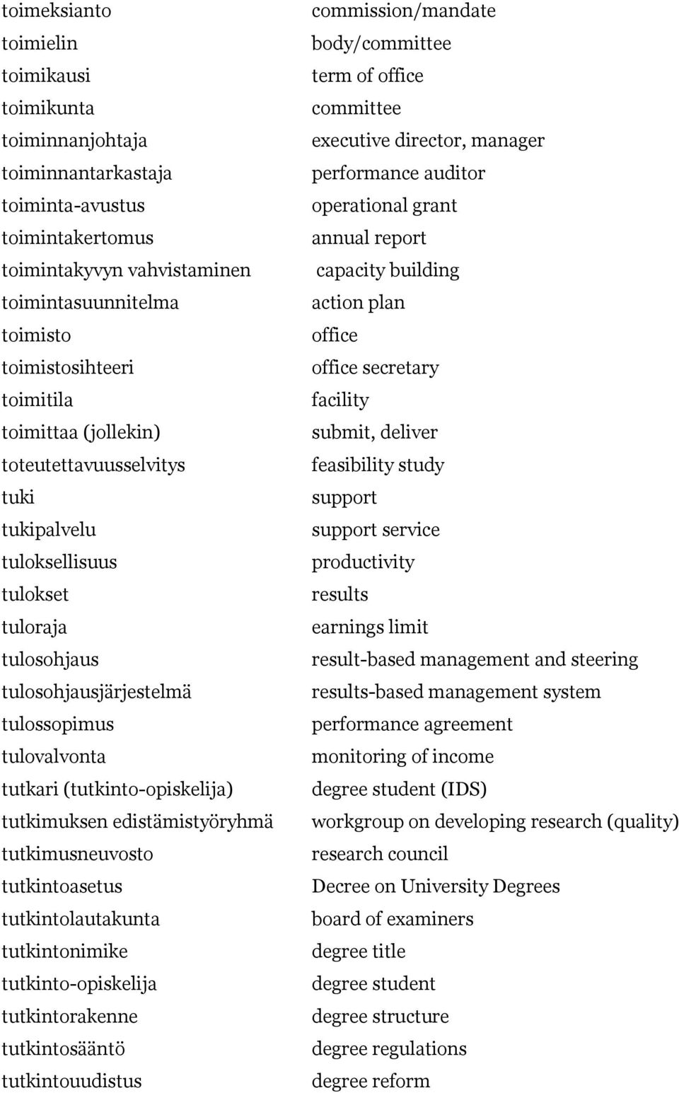 edistämistyöryhmä tutkimusneuvosto tutkintoasetus tutkintolautakunta tutkintonimike tutkinto-opiskelija tutkintorakenne tutkintosääntö tutkintouudistus commission/mandate body/committee term of