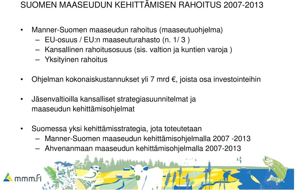 valtion ja kuntien varoja ) Yksityinen rahoitus Ohjelman kokonaiskustannukset yli 7 mrd, joista osa investointeihin Jäsenvaltioilla