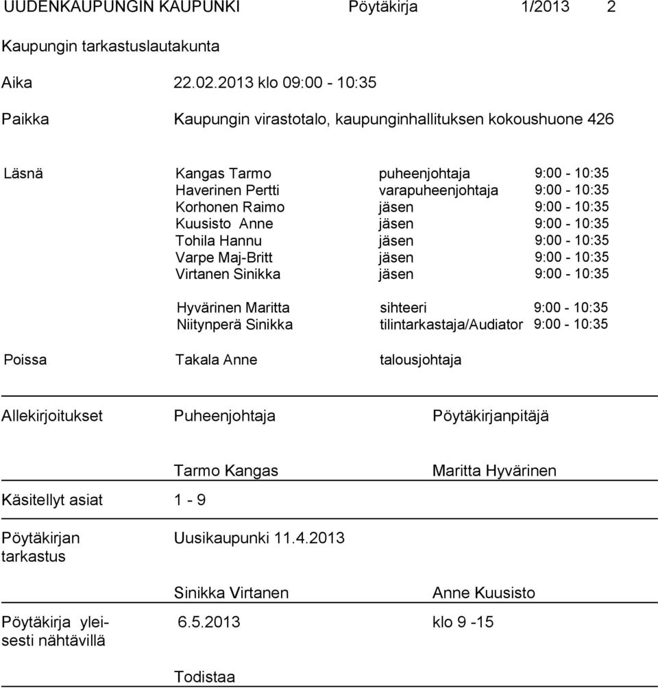 jäsen 9:00-10:35 Kuusisto Anne jäsen 9:00-10:35 Tohila Hannu jäsen 9:00-10:35 Varpe Maj-Britt jäsen 9:00-10:35 Virtanen Sinikka jäsen 9:00-10:35 Hyvärinen Maritta sihteeri 9:00-10:35 Niitynperä