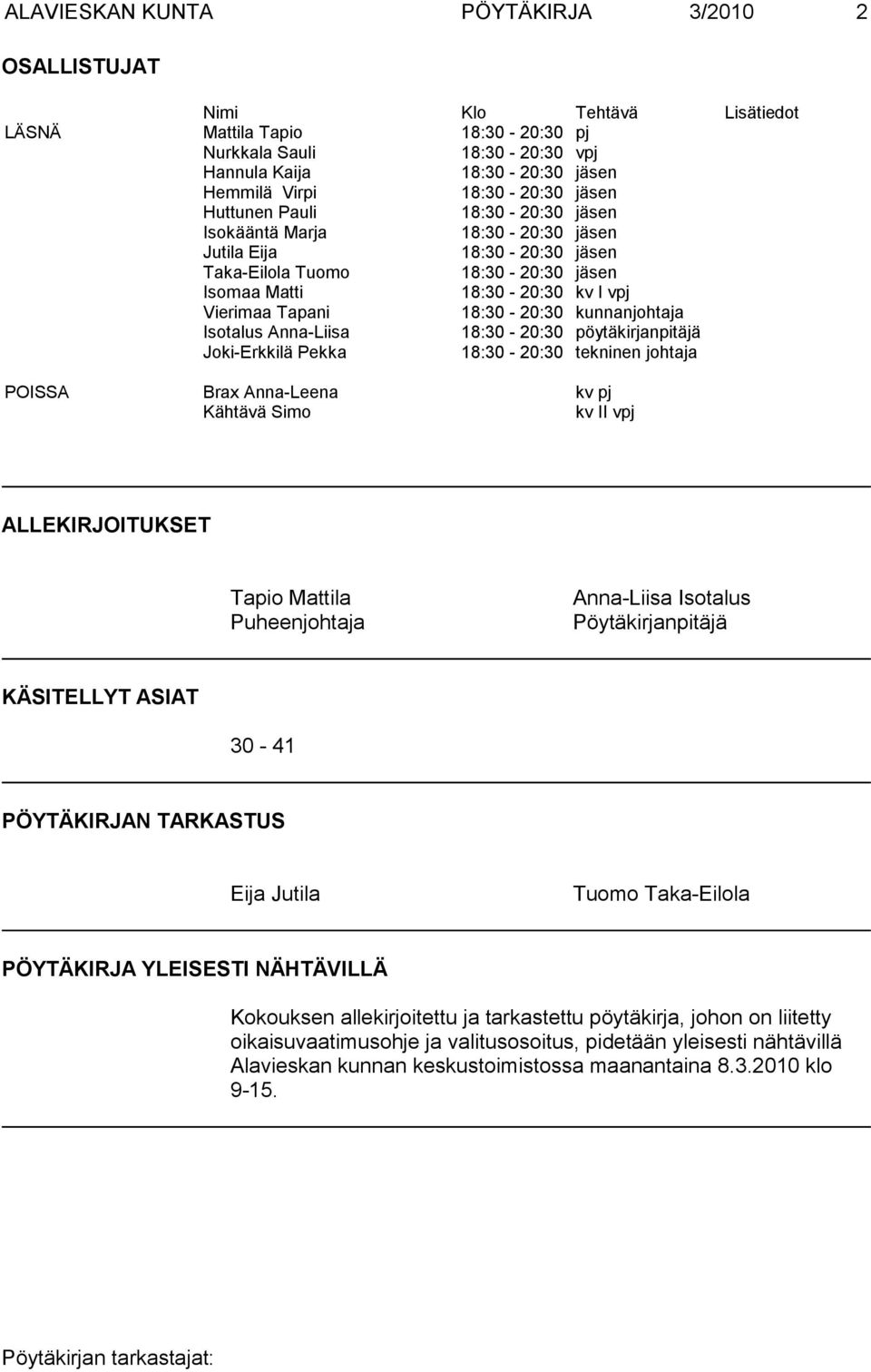 Tapani 18:30-20:30 kunnanjohtaja Isotalus Anna-Liisa 18:30-20:30 pöytäkirjanpitäjä Joki-Erkkilä Pekka 18:30-20:30 tekninen johtaja POISSA Brax Anna-Leena kv pj Kähtävä Simo kv II vpj ALLEKIRJOITUKSET