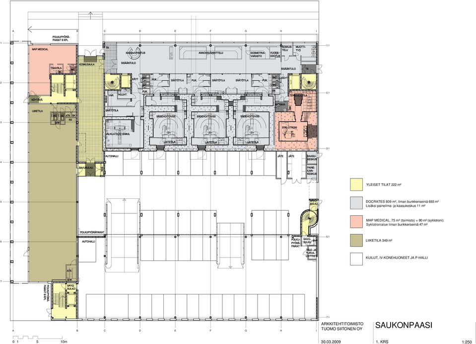 kaasukeskus 11 m² MP MEDCL, 7 m² (toimisto) + 90 m² (syklotroni).