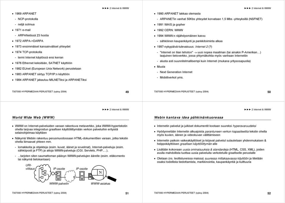 olemasta - ARPANETin vanhat 50Kbs yhteydet korvataan 1,5 Mbs -yhteyksillä (NSFNET) 1991 WAIS ja gopher 1992 CERN: WWW 1994 WWW:n räjähdysmäinen kasvu - sähköinen kaupankäynti ja pankkitoiminta alkaa