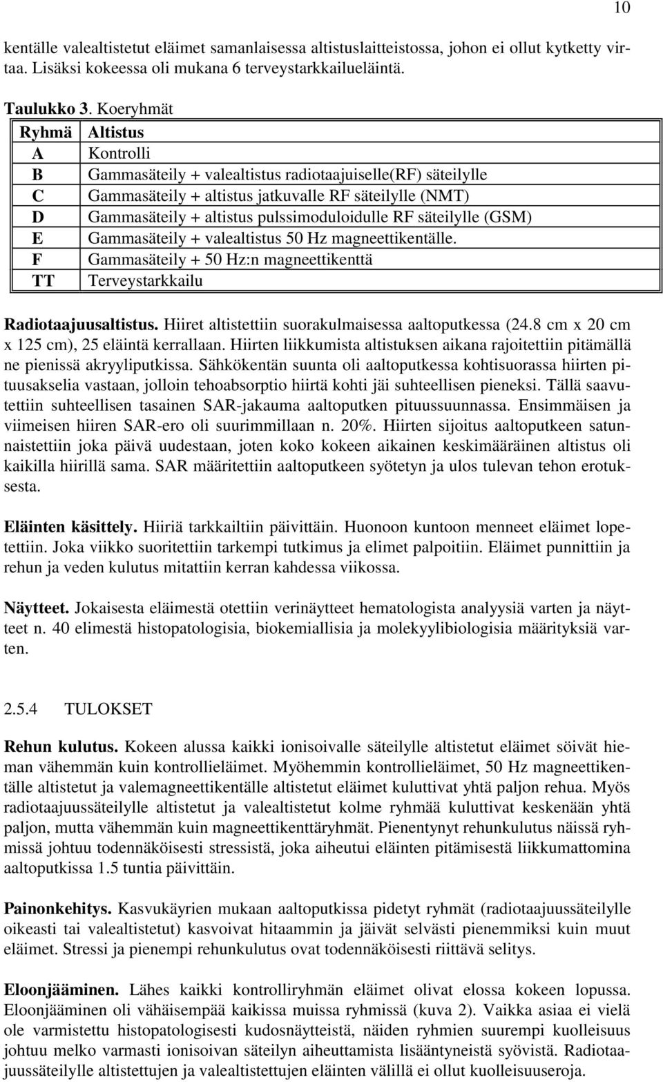 pulssimoduloidulle RF säteilylle (GSM) E Gammasäteily + valealtistus 50 Hz magneettikentälle. F Gammasäteily + 50 Hz:n magneettikenttä TT Terveystarkkailu Radiotaajuusaltistus.