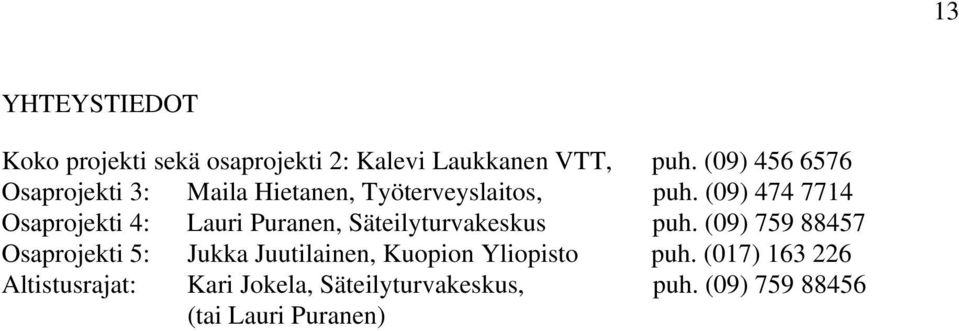 (09) 474 7714 Osaprojekti 4: Lauri Puranen, Säteilyturvakeskus puh.