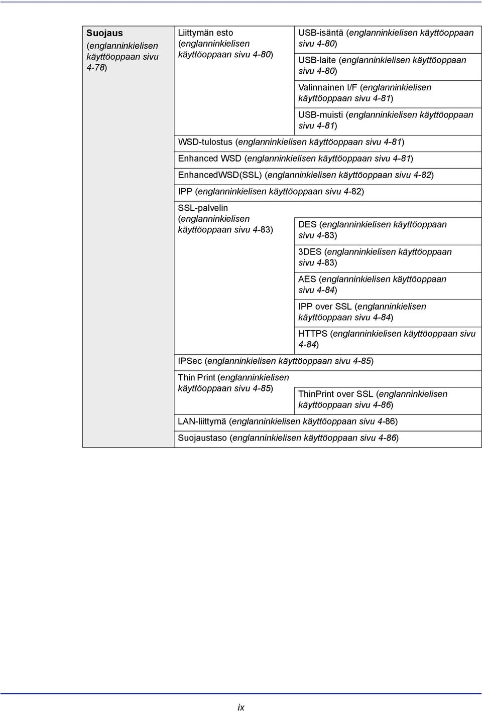 Enhanced WSD (englanninkielisen käyttöoppaan sivu 4-81) EnhancedWSD(SSL) (englanninkielisen käyttöoppaan sivu 4-82) IPP (englanninkielisen käyttöoppaan sivu 4-82) SSL-palvelin (englanninkielisen