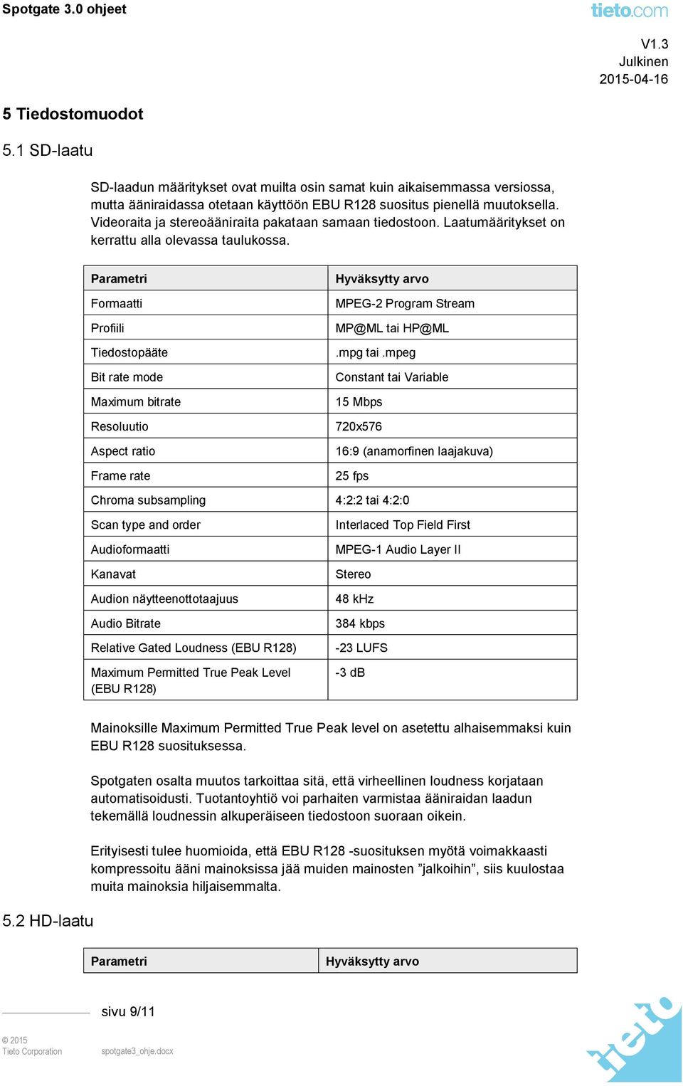 Parametri Formaatti Profiili Tiedostopääte Bit rate mode Maximum bitrate Resoluutio Aspect ratio Frame rate Hyväksytty arvo MPEG-2 Program Stream MP@ML tai HP@ML.mpg tai.