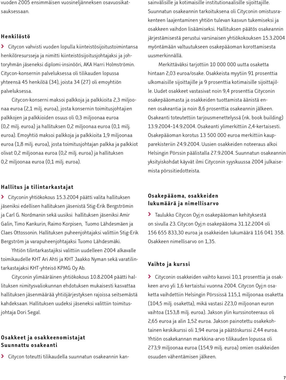 Citycon-konsernin palveluksessa oli tilikauden lopussa yhteensä 45 henkilöä (34), joista 34 (27) oli emoyhtiön palveluksessa.