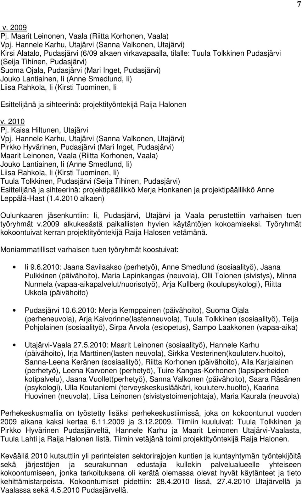 Inget, Pudasjärvi) Jouko Lantiainen, Ii (Anne Smedlund, Ii) Liisa Rahkola, Ii (Kirsti Tuominen, Ii Esittelijänä ja sihteerinä: projektityöntekijä Raija Halonen v. 2010 Pj.