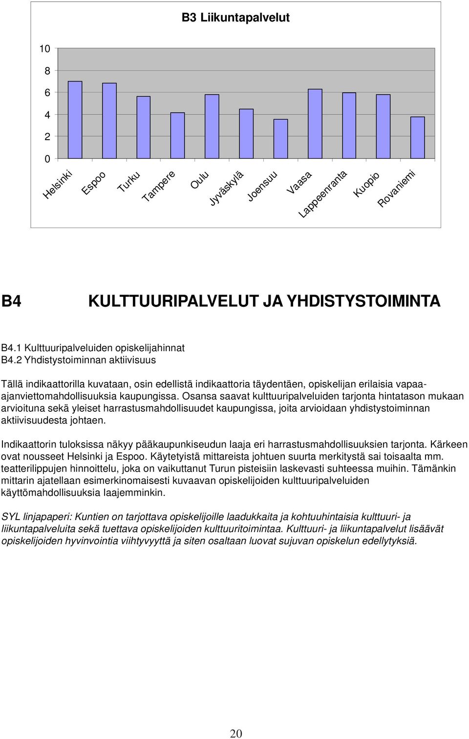 Osansa saavat kulttuuripalveluiden tarjonta hintatason mukaan arvioituna sekä yleiset harrastusmahdollisuudet kaupungissa, joita arvioidaan yhdistystoiminnan aktiivisuudesta johtaen.