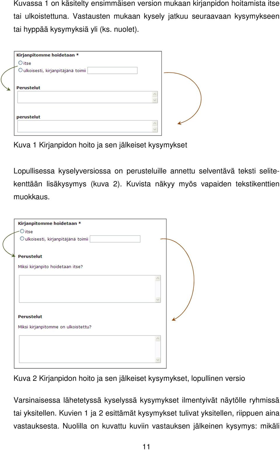 Kuva 1 Kirjanpidon hoito ja sen jälkeiset kysymykset Lopullisessa kyselyversiossa on perusteluille annettu selventävä teksti selitekenttään lisäkysymys (kuva 2).