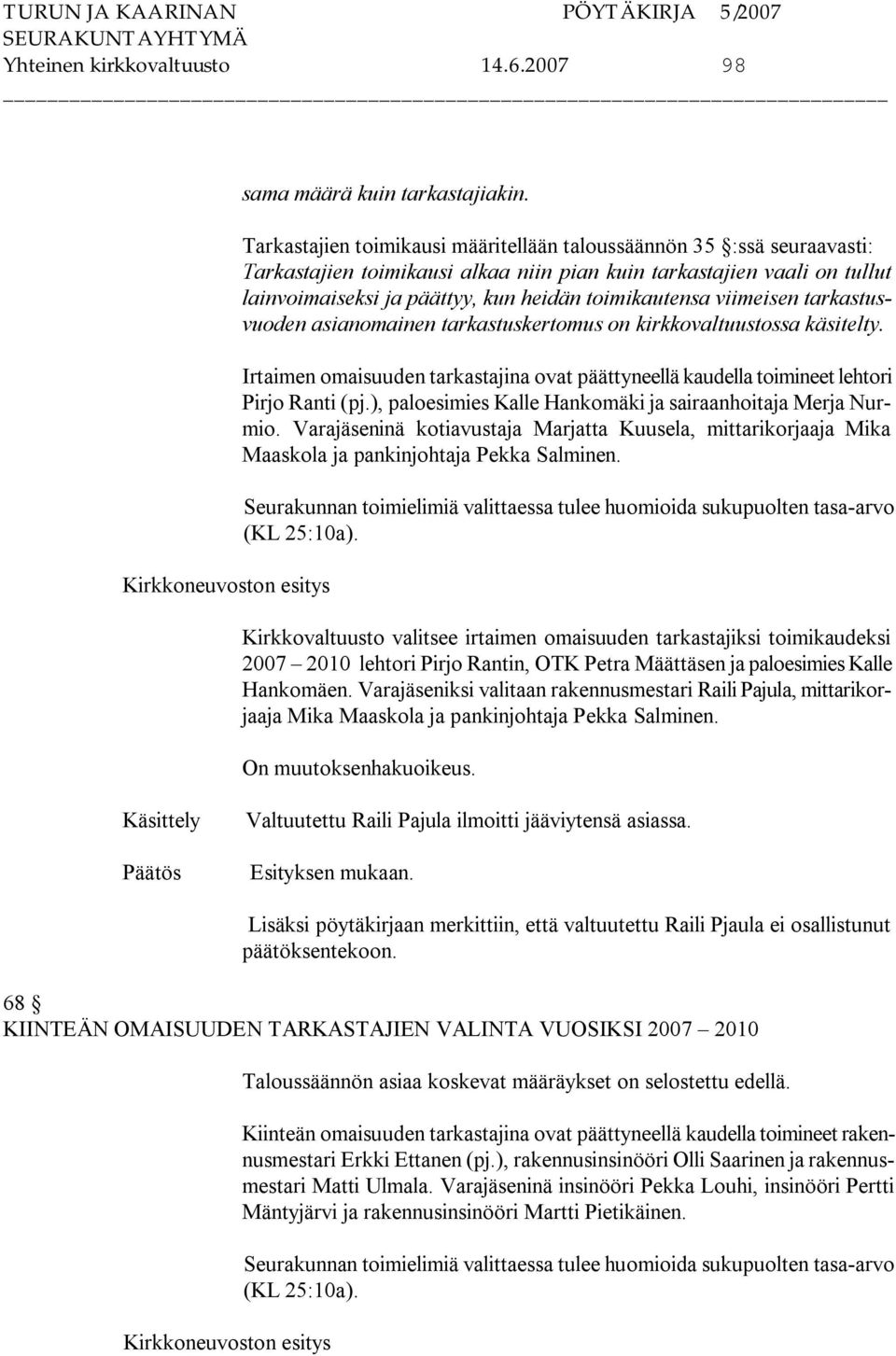 viimeisen tarkastusvuoden asianomainen tarkastuskertomus on kirkkovaltuustossa käsitelty. Irtaimen omaisuuden tarkastajina ovat päättyneellä kaudella toimineet lehtori Pirjo Ranti (pj.