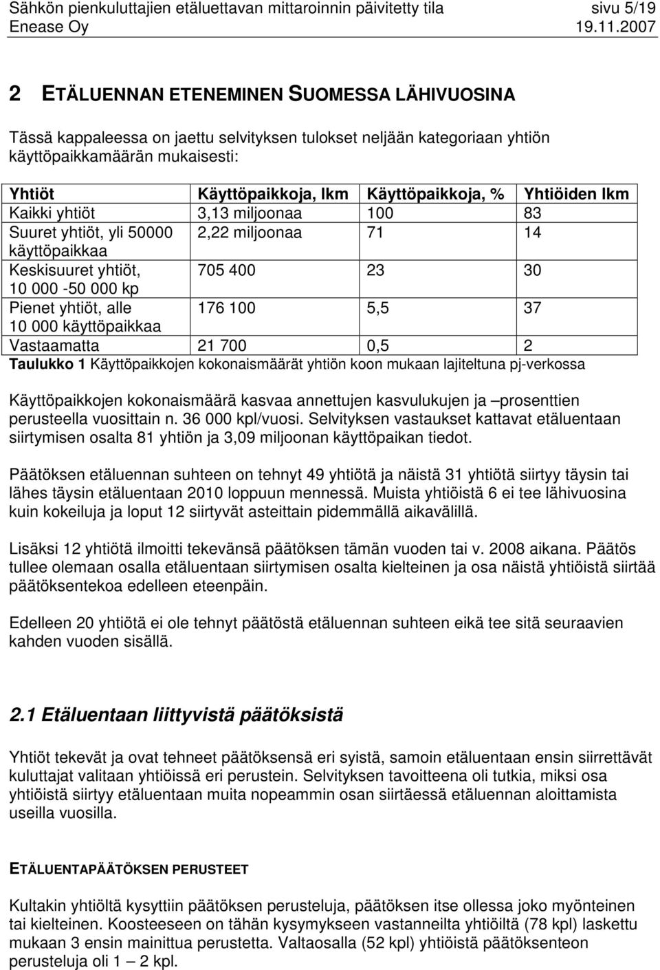 yhtiöt, 705 400 23 30 10 000-50 000 kp Pienet yhtiöt, alle 176 100 5,5 37 10 000 käyttöpaikkaa Vastaamatta 21 700 0,5 2 Taulukko 1 Käyttöpaikkojen kokonaismäärät yhtiön koon mukaan lajiteltuna