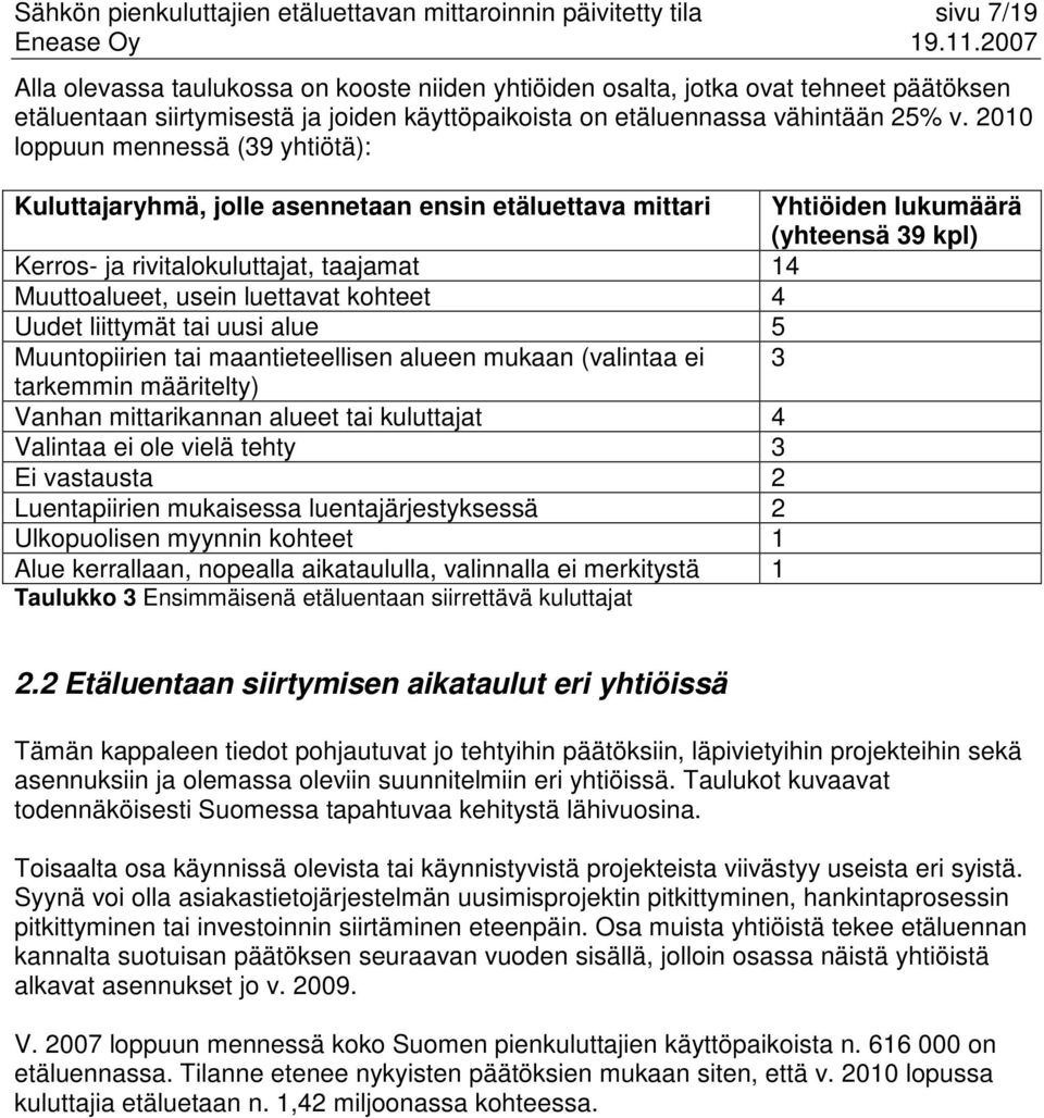 2010 loppuun mennessä (39 yhtiötä): Kuluttajaryhmä, jolle asennetaan ensin etäluettava mittari Yhtiöiden lukumäärä (yhteensä 39 kpl) Kerros- ja rivitalokuluttajat, taajamat 14 Muuttoalueet, usein