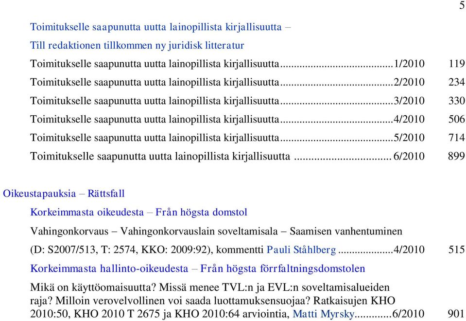 .. 3/2010 330 Toimitukselle saapunutta uutta lainopillista kirjallisuutta... 4/2010 506 Toimitukselle saapunutta uutta lainopillista kirjallisuutta.