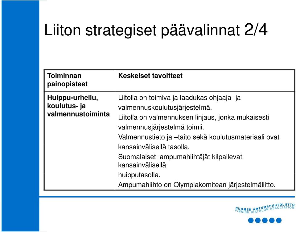 Liitolla on valmennuksen linjaus, jonka mukaisesti valmennusjärjestelmä toimii.