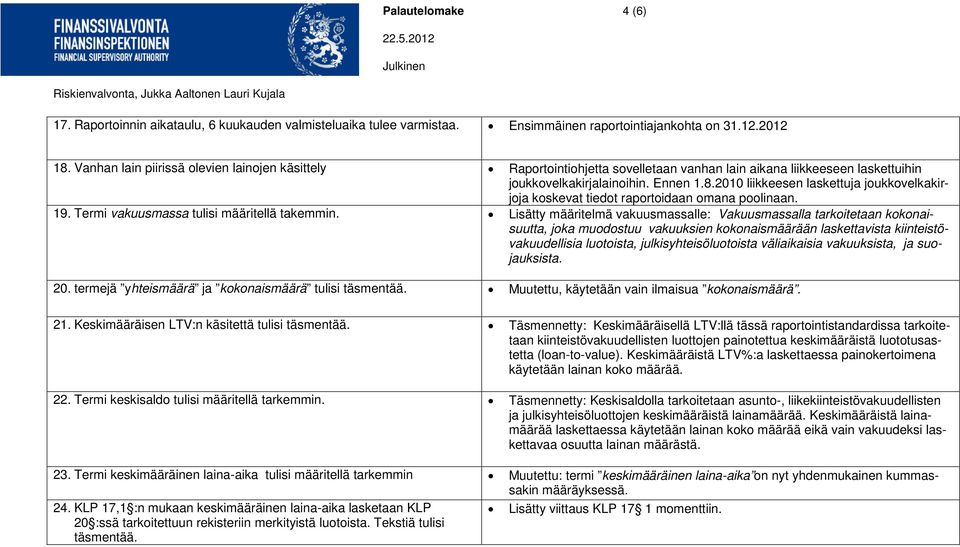 2010 liikkeesen laskettuja joukkovelkakirjoja koskevat tiedot raportoidaan omana poolinaan. 19. Termi vakuusmassa tulisi määritellä takemmin.