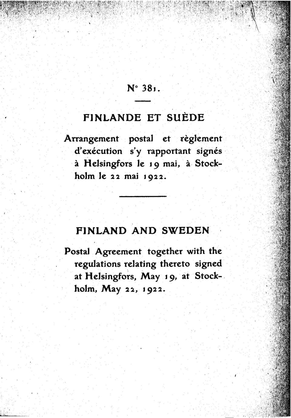 922. PINLANDAND SWEDEN Postal Agreement together with the regulations