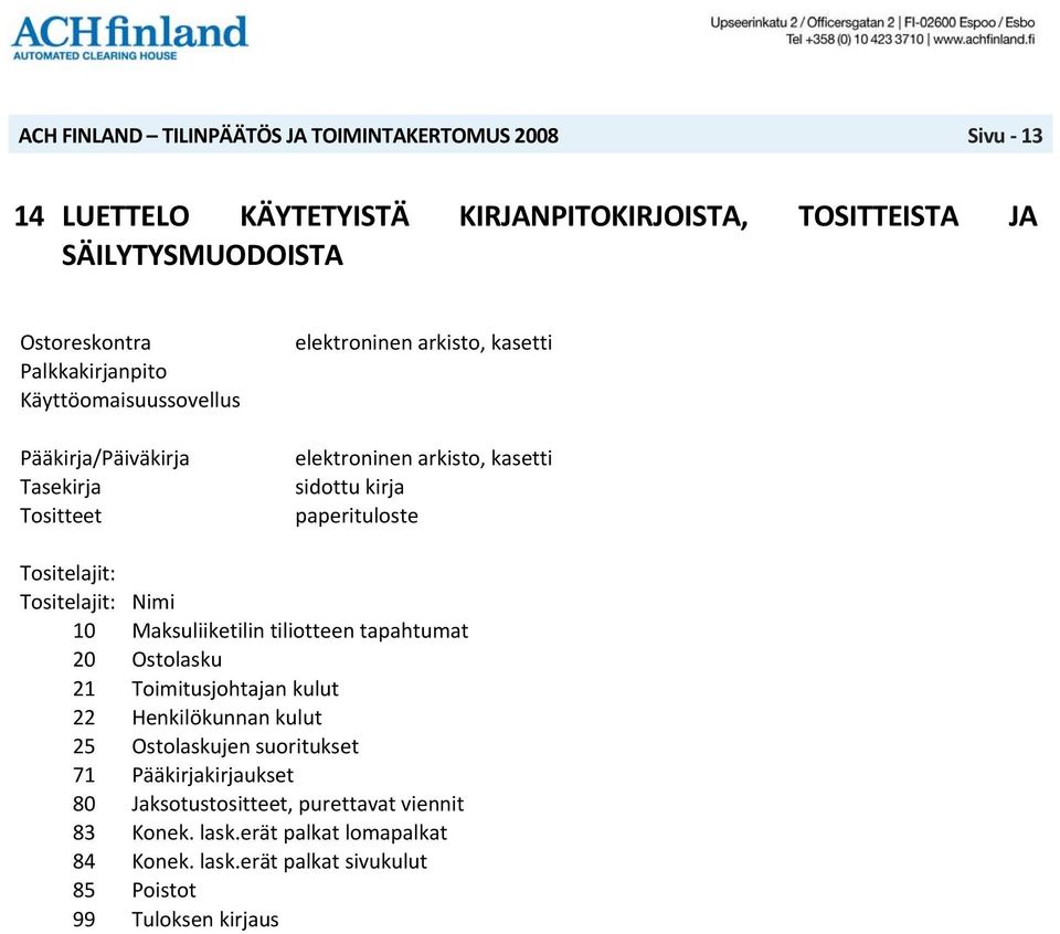 Tositelajit: Nimi 10 Maksuliiketilin tiliotteen tapahtumat 20 Ostolasku 21 Toimitusjohtajan kulut 22 Henkilökunnan kulut 25 Ostolaskujen suoritukset