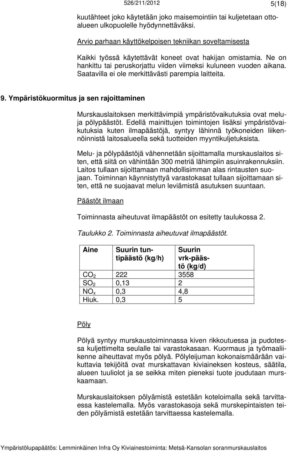 Saatavilla ei ole merkittävästi parempia laitteita. 9. Ympäristökuormitus ja sen rajoittaminen Murskauslaitoksen merkittävimpiä ympäristövaikutuksia ovat meluja pölypäästöt.