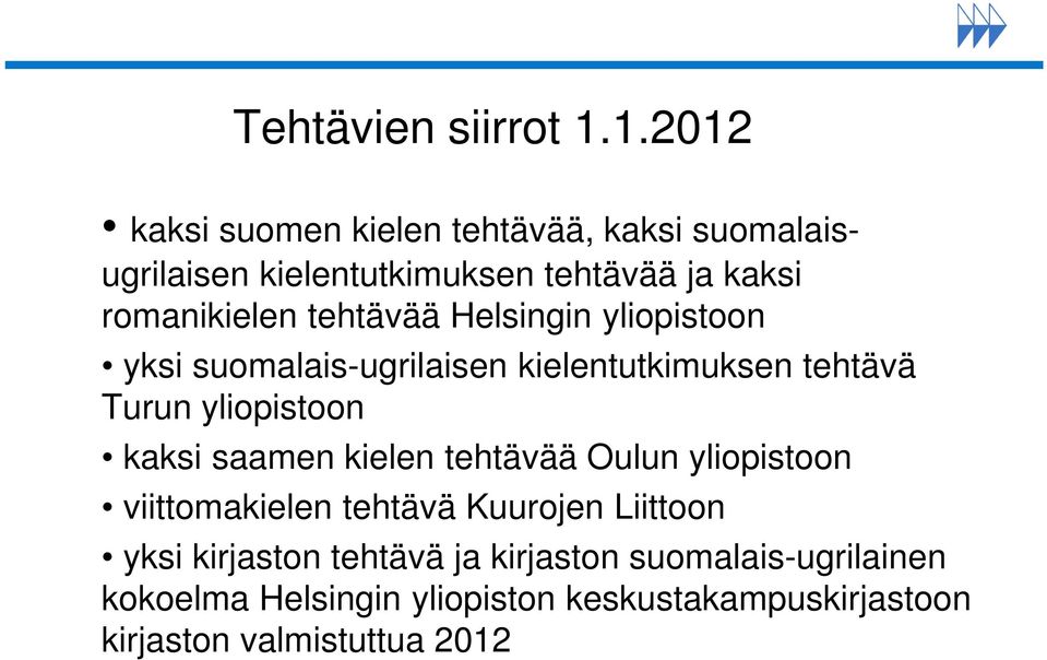 tehtävää Helsingin yliopistoon yksi suomalais-ugrilaisen kielentutkimuksen tehtävä Turun yliopistoon kaksi saamen