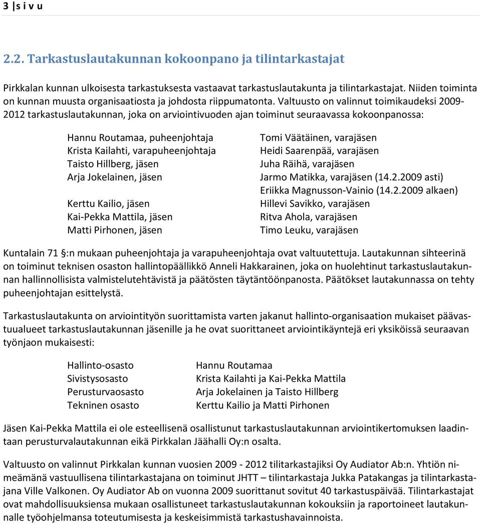 Valtuusto on valinnut toimikaudeksi 2009-2012 tarkastuslautakunnan, joka on arviointivuoden ajan toiminut seuraavassa kokoonpanossa: Hannu Routamaa, puheenjohtaja Krista Kailahti, varapuheenjohtaja