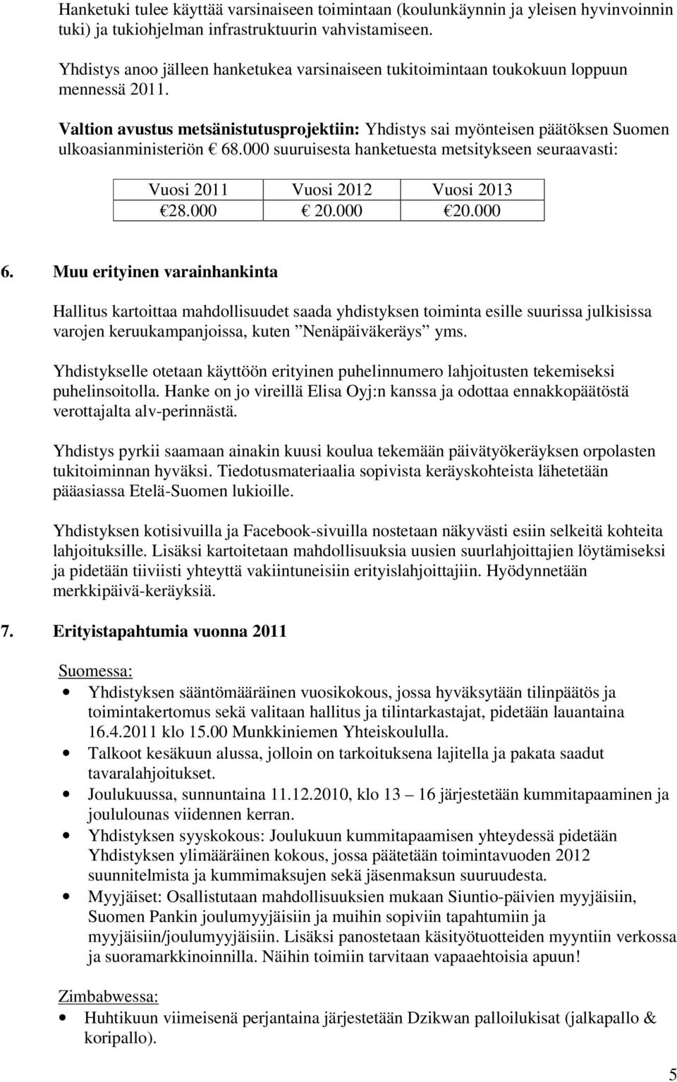 000 suuruisesta hanketuesta metsitykseen seuraavasti: Vuosi 2011 Vuosi 2012 Vuosi 2013 28.000 20.000 20.000 6.