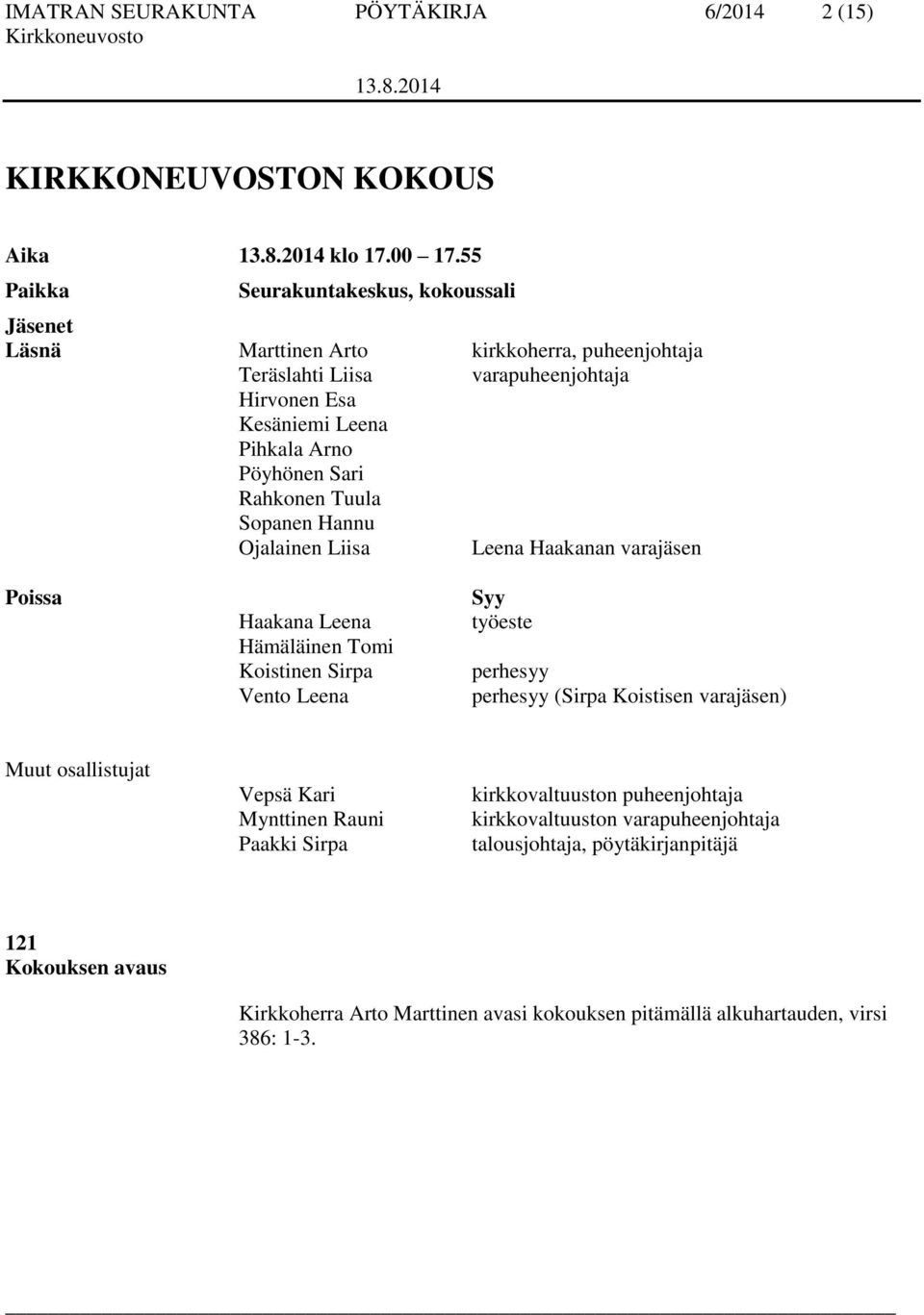 Sari Rahkonen Tuula Sopanen Hannu Ojalainen Liisa Leena Haakanan varajäsen Poissa Haakana Leena Hämäläinen Tomi Koistinen Sirpa Vento Leena Syy työeste perhesyy perhesyy (Sirpa