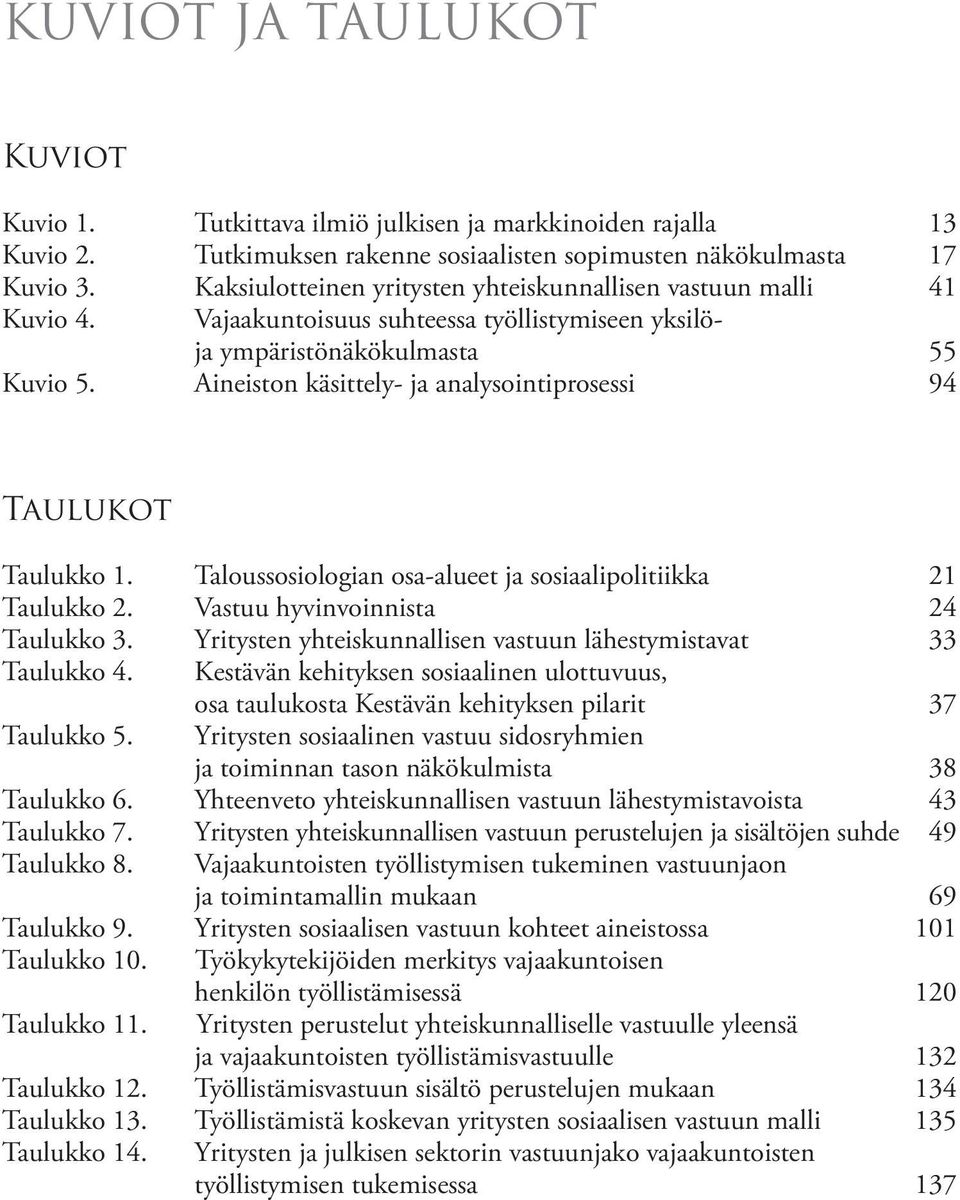 Aineiston käsittely- ja analysointiprosessi 94 Taulukot Taulukko 1. Taloussosiologian osa-alueet ja sosiaalipolitiikka Taulukko 2. Vastuu hyvinvoinnista Taulukko 3.