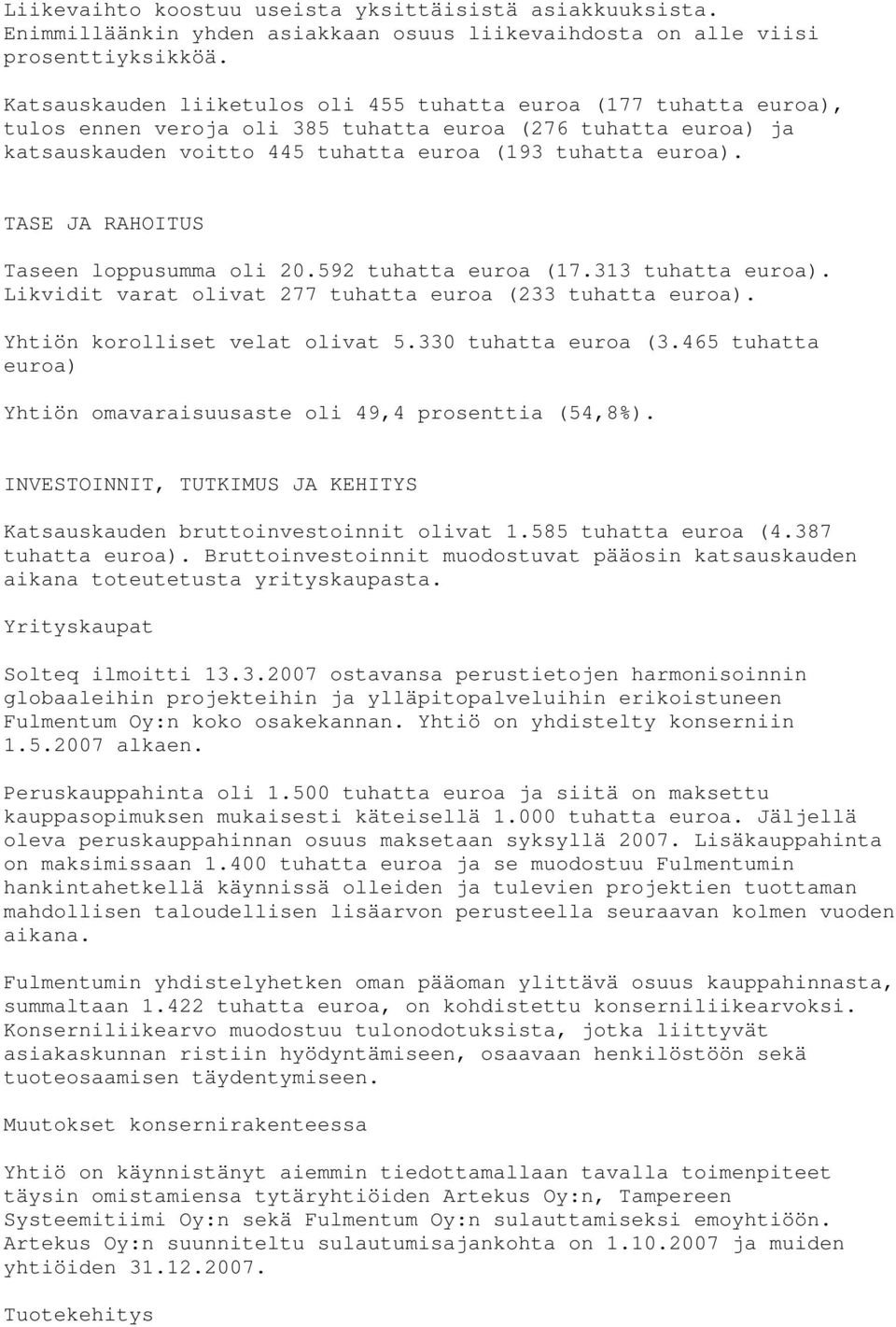 TASE JA RAHOITUS Taseen loppusumma oli 20.592 tuhatta euroa (17.313 tuhatta euroa). Likvidit varat olivat 277 tuhatta euroa (233 tuhatta euroa). Yhtiön korolliset velat olivat 5.330 tuhatta euroa (3.