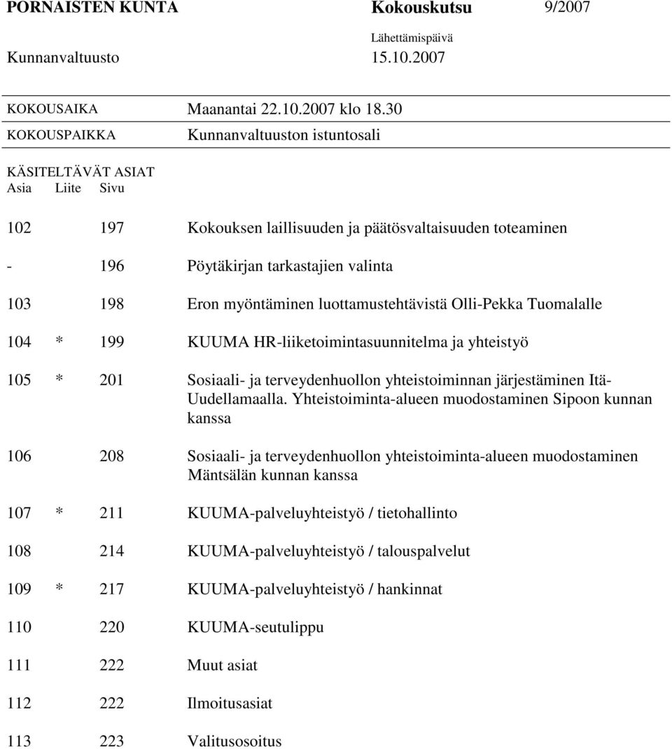 myöntäminen luottamustehtävistä Olli-Pekka Tuomalalle 104 * 199 KUUMA HR-liiketoimintasuunnitelma ja yhteistyö 105 * 201 Sosiaali- ja terveydenhuollon yhteistoiminnan järjestäminen Itä- Uudellamaalla.