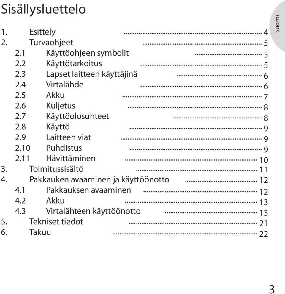 Toimitussisältö 4. Pakkauken avaaminen ja käyttöönotto... 4... 5... 5... 5... 6... 6... 7... 8... 8... 9... 9... 9... 10... 11.