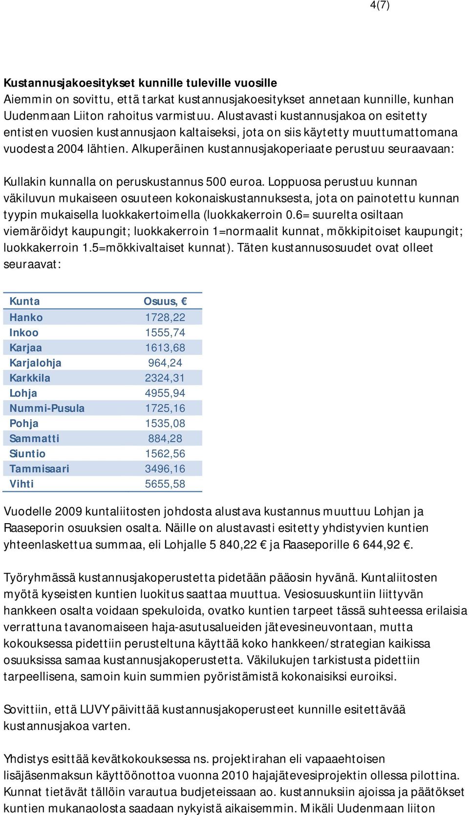 Alkuperäinen kustannusjakoperiaate perustuu seuraavaan: Kullakin kunnalla on peruskustannus 500 euroa.