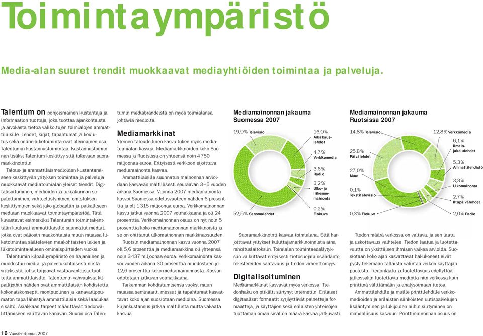Lehdet, kirjat, tapahtumat ja koulutus sekä online-liiketoiminta ovat olennainen osa Talentumin kustannustoimintaa. Kustannustoiminnan lisäksi Talentum keskittyy sitä tukevaan suoramarkkinointiin.