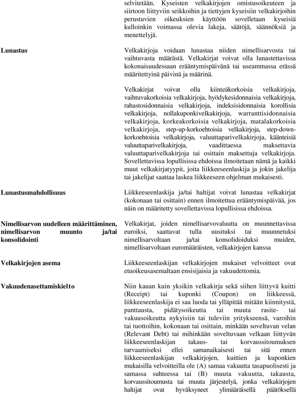 lakeja, säätöjä, säännöksiä ja menettelyjä. Lunastus Velkakirjoja voidaan lunastaa niiden nimellisarvosta tai vaihtuvasta määrästä.