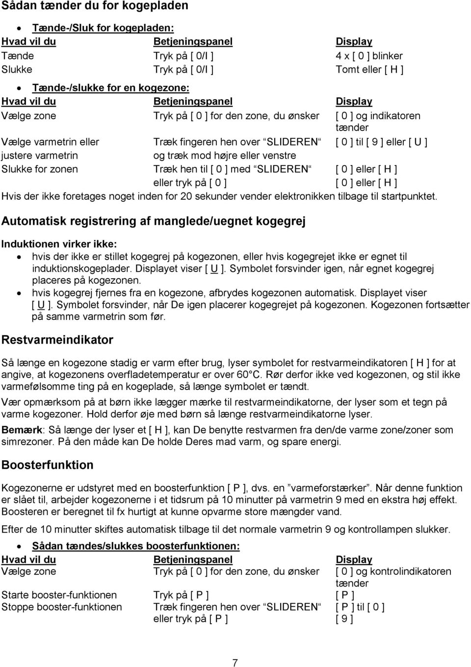 [ U ] justere varmetrin og træk mod højre eller venstre Slukke for zonen Træk hen til [ 0 ] med SLIDEREN [ 0 ] eller [ H ] eller tryk på [ 0 ] [ 0 ] eller [ H ] Hvis der ikke foretages noget inden