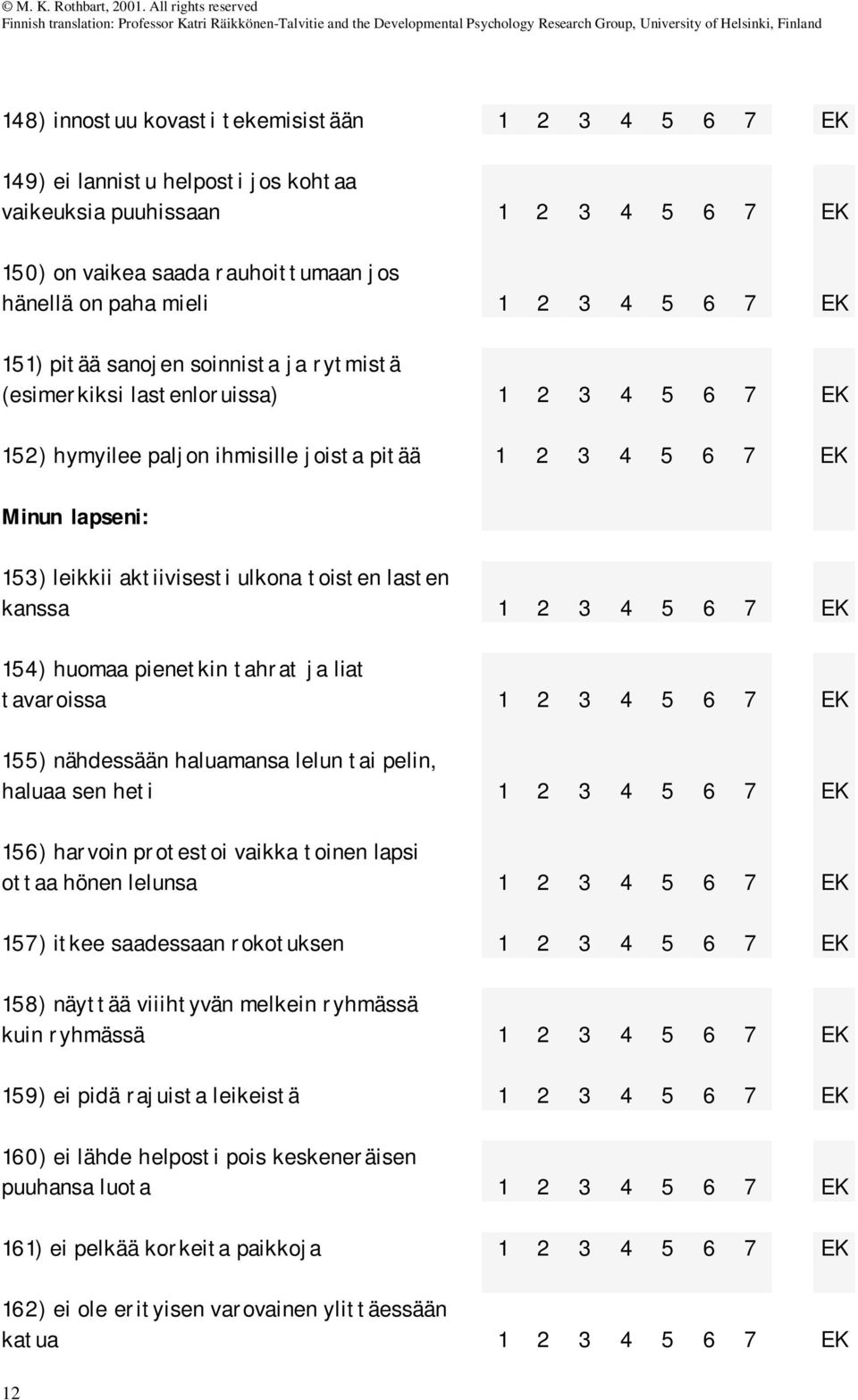 nähdessään haluamansa lelun tai pelin, haluaa sen heti 156) harvoin protestoi vaikka toinen lapsi ottaa hönen lelunsa 157) itkee saadessaan rokotuksen 158) näyttää viiihtyvän melkein