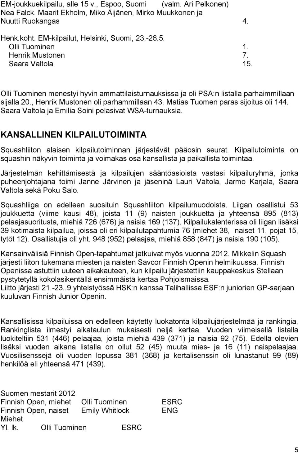 Matias Tuomen paras sijoitus oli 144. Saara Valtola ja Emilia Soini pelasivat WSA-turnauksia. KANSALLINEN KILPAILUTOIMINTA Squashliiton alaisen kilpailutoiminnan järjestävät pääosin seurat.