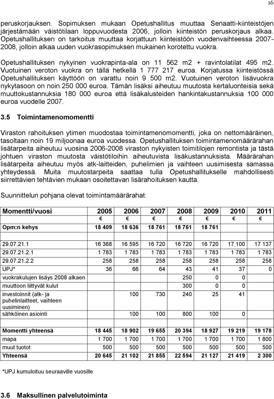 Opetushallituksen nykyinen vuokrapinta-ala on 11 562 m2 + ravintolatilat 495 m2. Vuotuinen veroton vuokra on tällä hetkellä 1 777 217 euroa.