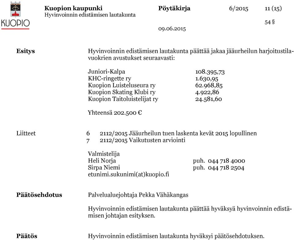 500 Liitteet 6 2112/2015 Jääurheilun tuen laskenta kevät 2015 lopullinen 7 2112/2015 Vaikutusten arviointi Valmistelija Heli Norja puh.