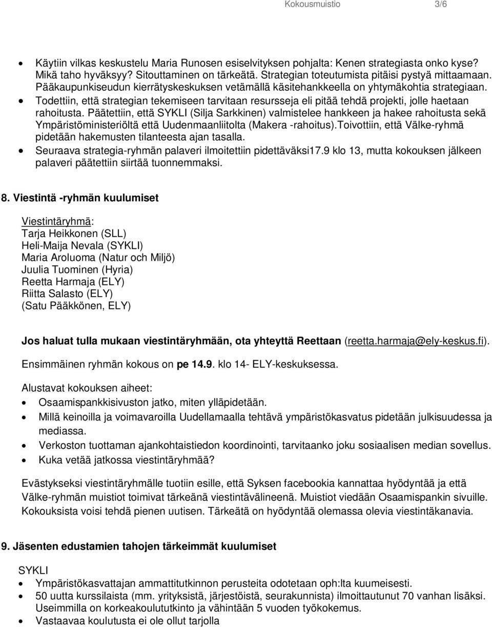 Todettiin, että strategian tekemiseen tarvitaan resursseja eli pitää tehdä projekti, jolle haetaan rahoitusta.