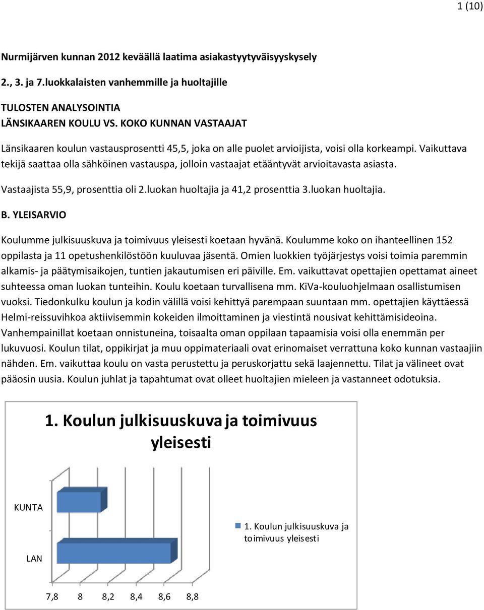 Vaikuttava tekijä saattaa olla sähköinen vastauspa, jolloin vastaajat etääntyvät arvioitavasta asiasta. Vastaajista 55,9, prosenttia oli 2.luokan huoltajia ja 41,2 prosenttia 3.luokan huoltajia. B.