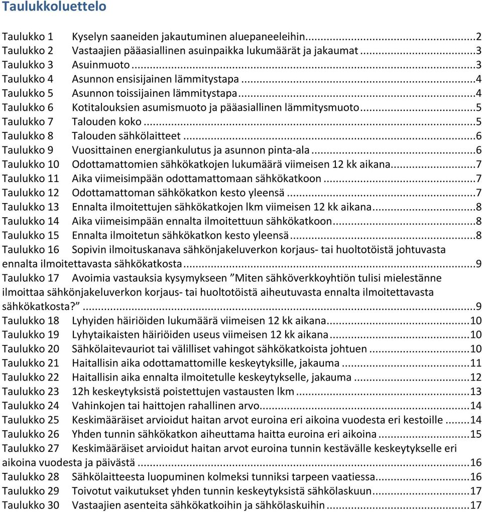 ..5 Taulukko 8 Talouden sähkölaitteet...6 Taulukko 9 Vuosittainen energiankulutus ja asunnon pinta-ala...6 Taulukko 10 Odottamattomien sähkökatkojen lukumäärä viimeisen 12 kk aikana.