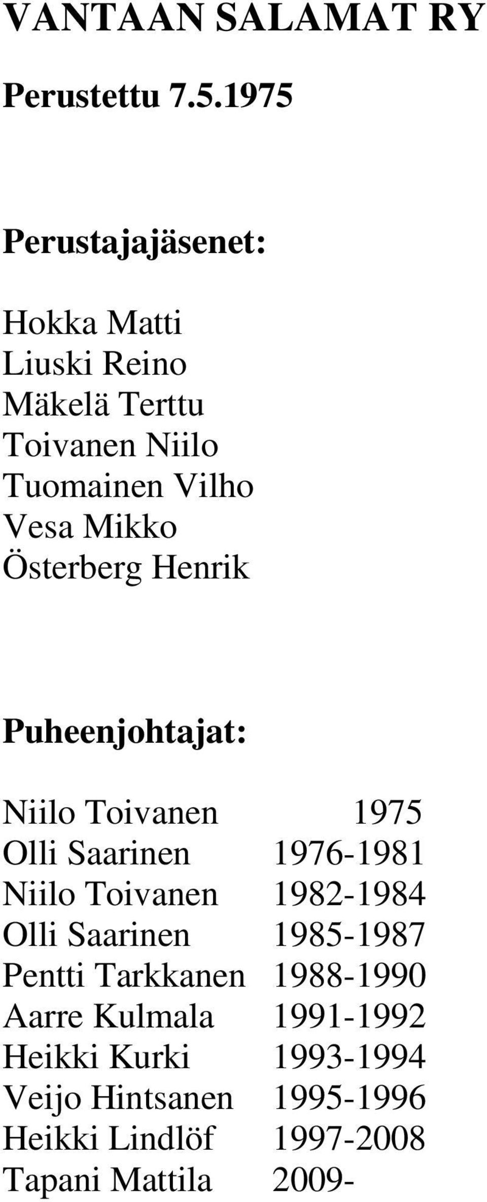 Mikko Österberg Henrik Puheenjohtajat: Niilo Toivanen 1975 Olli Saarinen 1976-1981 Niilo Toivanen