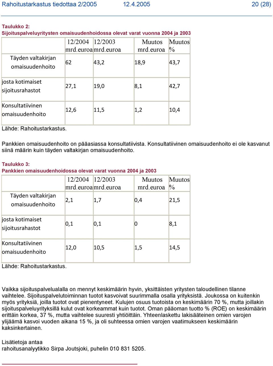 Pankkien omaisuudenhoito on pääasiassa konsultatiivista. Konsultatiivinen omaisuudenhoito ei ole kasvanut siinä määrin kuin täyden valtakirjan omaisuudenhoito.